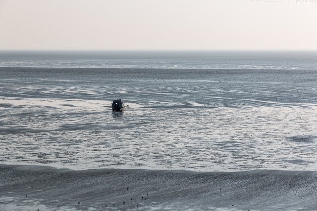 A vast tidal flat at low tide under a flat pale sky, ribbed wet sand reaching to the horizon, with a single dark figure far out for scale.